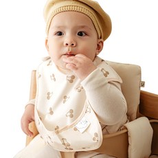 아이주 방수 포켓 턱받이 자기주도이유식 자기주도식 턱받이 신생아 아기 돌 아기 턱받이, 1개, 1개입, 크림체리