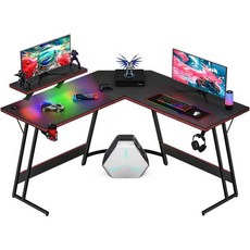 빅톤 VT-LBK 게이밍 데스크 L자형 책상 W 51.2인치(130cm) x 51.2인치(130cm) PC 컴퓨터 코너 사무실 작업 모니터 스탠드 포함 공간 절약 대형, neon black