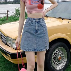 Yellwel 여성용 데일리 하이웨이스트 여름용 트임 데님 미니 스커트 DJP