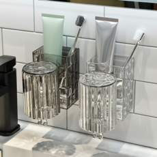 세련된 디자인 무타공 칫솔꽂이 양치컵 2종 세트, 1세트, 투명+그레이