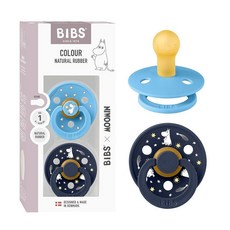 BIBS Colour Moomins 젖꼭지 2팩 BPA 프리 젖꼭지 둥근 젖꼭지 천연 고무 라텍스 덴마크산 사이즈 2 (6-18개월) 브리즈/딥 스페이스, Size 1 (2-pack), 브리즈 / 딥 스페이스, 1, 2