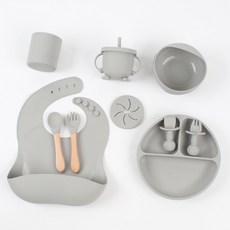 10件套兒童用品寶寶餐具套餐寶寶輔食碗寶寶餐盤母嬰用品貨源餐具, 1個, 木柄圓盤10件套-灰色