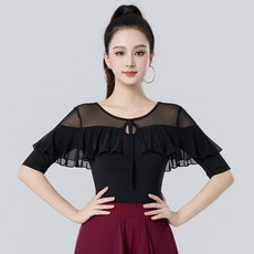 여성 의상 여름 라틴 라인 댄스 탑 삼바 스타일 모던 댄스 지터버그 의상 튤 패널 블랙 중간 길이 소매