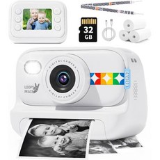 즉석 사진기 크리스마스 생일 선물312세 열전사 인쇄 카메라 1080P 디지털 비디오 포터블 여행 장난감 핑크, 흰색