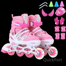 인라인 스케이트 어린이 풀세트, 핑크+싱글 플래시 + 보호구 세트