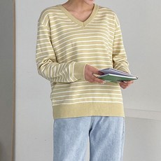 뜨개진 여성용 벨리오 루즈핏 스트라이프 브이넥 니트