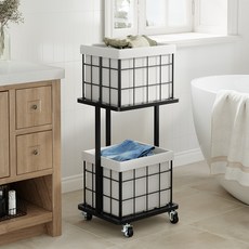 ONESOWON 철제 이동식 빨래바구니 스텐 트롤리 세탁물 정리수납함, 블랙