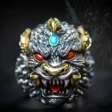 霸氣獅子造型戒指 復古銀色 紅寶石眼睛 土耳其藍寶石 時尚個性