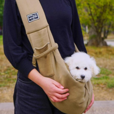 강아지 슬링백 강아지산책 이동가방 소형견 애견 슬링백 중형견 외출 가방, 베이지