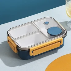 식기 소스 상자가있는 850ML 도시락 상자 어린이를위한 휴대용 플라스틱 구획 도시락 상자 식품 저장 용기, 03 Blue 3Grids