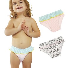 Ki ET LA 法國抗UV防曬女孩泳褲 UPF50+ 粉紅條紋荷葉邊設計 附收納袋