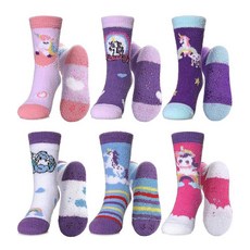 LINEMIN 아동용 퍼지 양말 남아 여아 그립 미끄럼 방지 슬리퍼 양말 아늑하고 푹신한 겨울 따뜻한 크루 양말 6쌍 Cat Paw, 유니콘