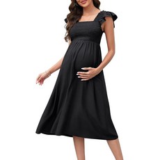 [ 975394 ] 뷰티니 여성용 임산부 드레스 사진 촬영용 베이비 샤워 플러터 스트랩 슬리브 스퀘어 넥 스모크 맥시 보헤미안 드레스 블랙