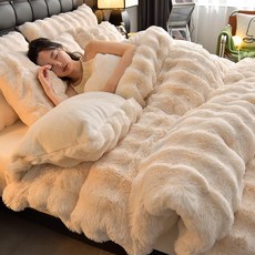 픽셀러 겨울용 토끼털 극세사 이불세트 침구세트 두꺼운 양면 침대용 침구, 라이트럭셔리 크림화이트