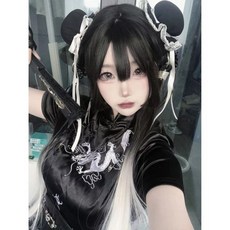 新中式旗袍裙套裝 洛麗塔女僕圍裙COS服, 1個, 黑色旗袍裙,XL