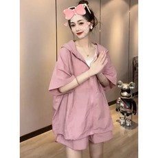 孕婦套裝 時尚休閒運動短袖短褲兩件套 2024新款 粉色