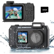33피트 수중 카메라 4K 30FPS 방수 디지털 듀얼 스크린 셀카 내장 2500mAh 배터리 스노클링용 초보자 사진작가 블랙, 33피트 방수 카메라 4K 30프레임 초당 영상 디지털