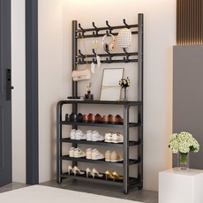 SeekFun 다용량 신발장 정리대 선반 현관 틈새 5단 수납장 철제 다용도 모자걸이 일체형, 블랙