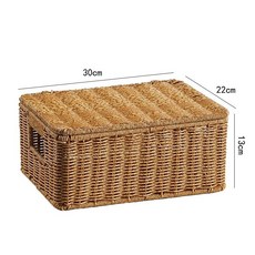 O 仿藤編收納箱家用大號衣物編織筐帶蓋北歐風衣櫥格子櫃置物整理箱, 1個, 浅咖色30*22*13cm