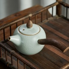 豐子汝窯 林德豐側把茶壺 天青色開片釉 190ml 木質側把, 1個