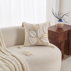 編織簇絨抱枕套 客廳沙發靠枕 流蘇刺繡設計 北歐風床頭抱枕, 葉子白,45*45cm【枕頭套+枕頭芯】