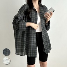 핏몬 여성 빅사이즈 체크 여름 간절기 시스루 거즈 박시 롱 셔츠 55~99