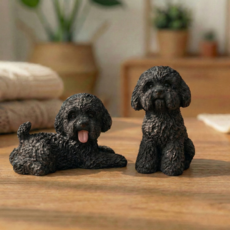 푸들 비숑 2종 피규어 엎드린 앉아있는 강아지, 검정세트