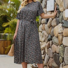 야옹야옹라운드 넥 짧은 소매 작은 꽃 신선한 레이스 롱 드레스 플러스 사이즈 여성 의류 라인 스커트 Vestidos Elegantes 파라 Mujer, 연회색, XXXL 사이즈