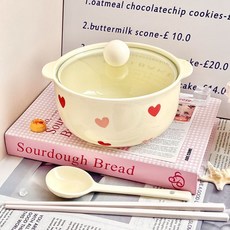 奶油愛心陶瓷麪碗雙耳帶蓋, 1個, 泡麪碗奶油愛心4件套 碗+蓋+勺+筷