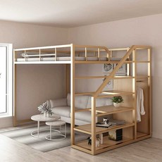 이층 2층 침대 원룸 성인 벙커침대 낮은 DIY 벙커형 어른 철재 청소년 퀸사이즈, 1500mmx2000mm 흰색(옷장 없음)