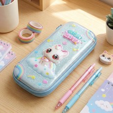 케릭터가 귀엽게 디자인 된 볼록볼록 입체감이 좋은 위시캣 필통 파우치 파랑, 1개