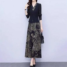 JIEVE 엄마옷 봄가을 페어룩 기질 중년여성 브이넥 우아한 패치웨크 긴팔 원피스 Z16