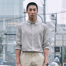 [STCO] 남성 자개단추 소프트 스트라이프 린넨 셔츠 레귤러핏 그레이
