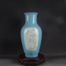 天青釉開船雕刻紋山水花瓶, 如圖所示