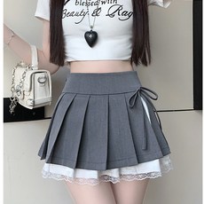 투니스 여성 하이웨이스트 A라인 레이스 프릴 리본 미니 스커트 속바지 포함