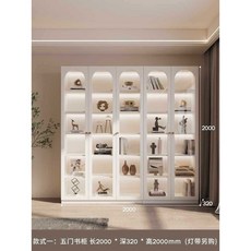 廠家直銷 法式實木收納櫃 書櫃 展示櫃 玻璃門櫃 家用防塵儲物櫃 客廳白色書架, 圓弧門：五門書櫃