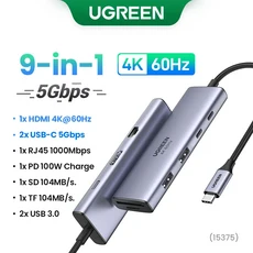 UGREEN USB C 허브 4K60Hz HDMI 어댑터 to PD100W SD&TF 타입 3.1 스플리터 도킹 스테이션 맥북 프로 에어, 04 9-in-1 4K60Hz