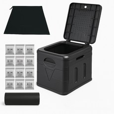 파파스 캠핑 차박변기 화장실 이동식 휴대용 변기 노지 야외 간이 접이식, 사각접이식변기(블랙)파우치+봉투12매+응고제12, 1개