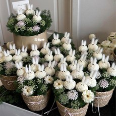 新款花束 春日可愛毛絨兔子花籃花束成品仿真生日禮物送女朋友閨蜜驚喜拍照, 山奈兔子花籃-成品,無規格, 1個