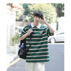 ANYOU 남성 여름 스트라이프 반팔티 셔츠
