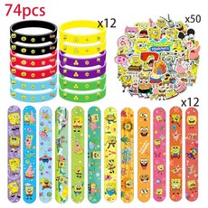 파티 선물 슬랩 풍선 식기 접시 어린이 팔찌 테이블보 장식 스폰지밥 가방 용품, 74pcs