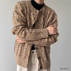 秋冬男士撞色針織開衫，寬鬆復古麻花毛衣外套 - 臺灣出貨