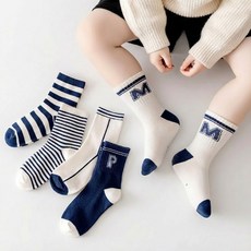 아동용 어린이 레터링 스트라이프 중목 양말 5켤레 세트