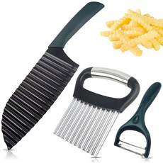 필러가 있는 AITRAI 2PCS 크링클 커터 커터 채소 손잡이가 스테인리스 과일용 튀김 스틸 채소용 초퍼 웨이브 3개 세트 나이프, 1 2Pcs Crinkle Cutter Knife wi