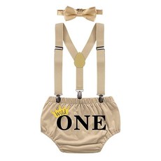 IZKIZF Wild One Outfit 남아용 첫 번째 생일 케이크 스매시 사진 촬영 의상 줄무늬 화살표 프린트 블루머 멜빵 나비넥타이 001 스트라이프 (살구)