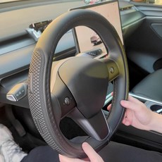 Sholer D 모양 스티어링 휠 커버 테슬라 모델 3 / Y용 카마로용 35.6-36.2cm14-14.25인치 블랙 가죽 자동차 휠 커버 남성 여성용 152582, 테슬라 모델 3 / Y용 D 모양 블랙 가죽