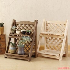 實木飄窗臺花架子，多層室內客廳桌面小花架，陽臺置物裝飾花盆架, 小號-咖啡色-折疊免安裝