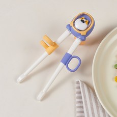 兒童訓練筷虎口筷輔助學習寶寶筷子幼兒回彈輔食器餐具, 1個, 如圖所示1070, 公仔學習筷-黃紫配色【自動回彈-防滑筷頭】