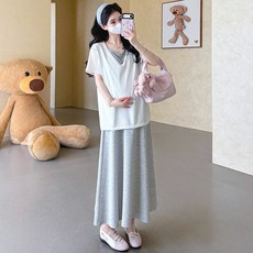 孕婦裝夏季時尚新款寬鬆休閒拼接假兩件短袖T恤+半身裙子潮媽套裝