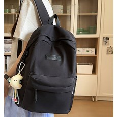 雙肩包男士日系簡約大容量韓版旅行背包女休閒潮流大學生書包, 黑色（带挂件）:1個, 1個